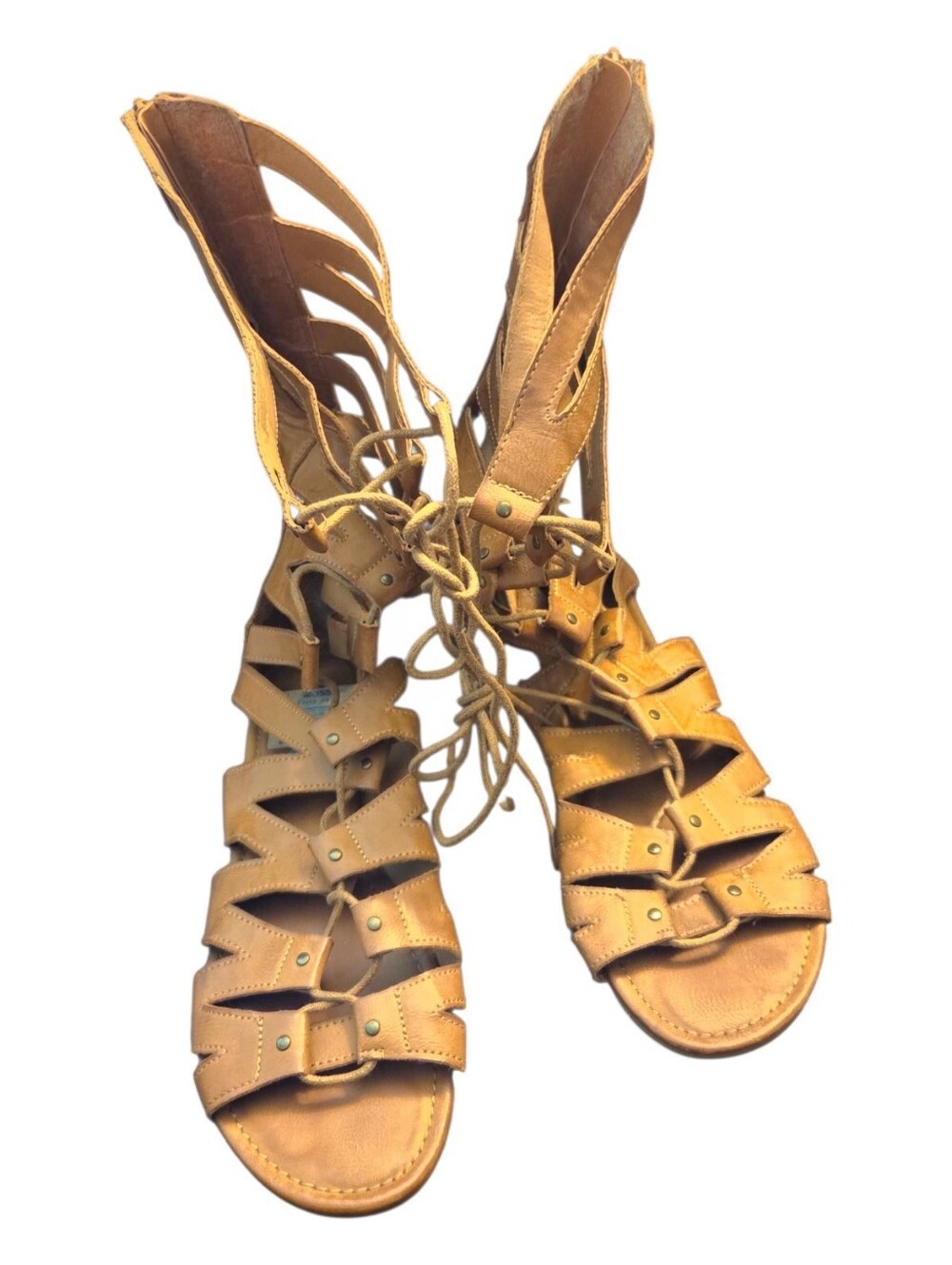 me Too Women's Tan Leather Studded Tall Gladiator Lace-Up Sandals - Size 10 - Picture 3 of 6